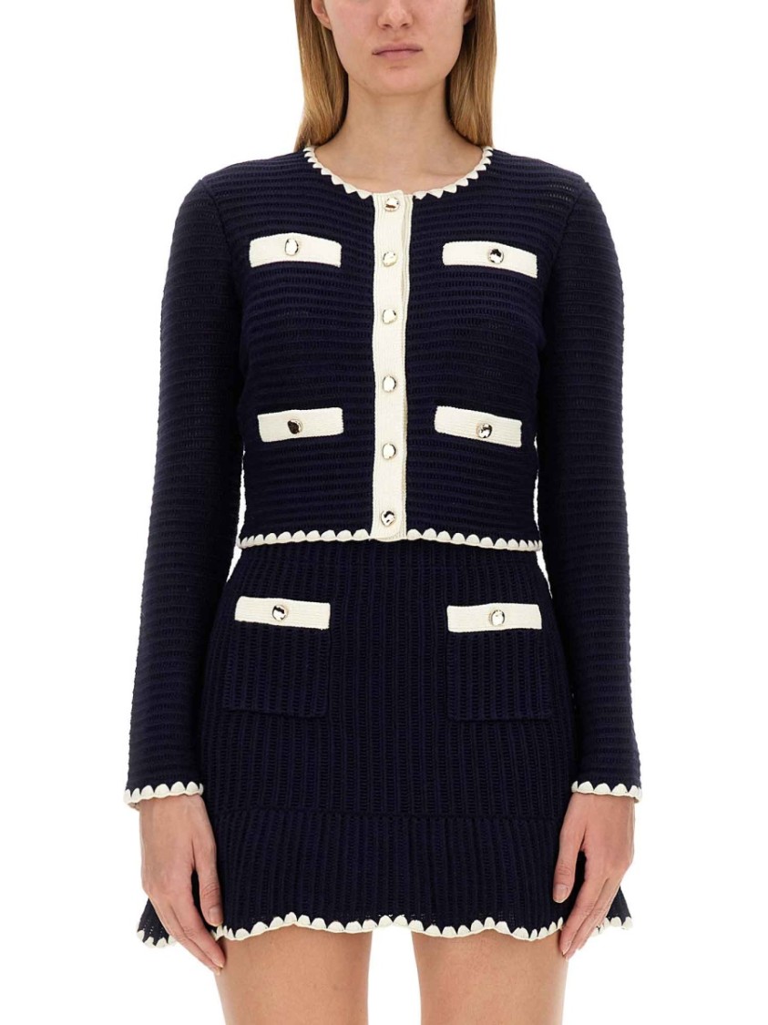 Self-portrait Crochet Knitted Cardigan With Contrasting Profiles In Blue