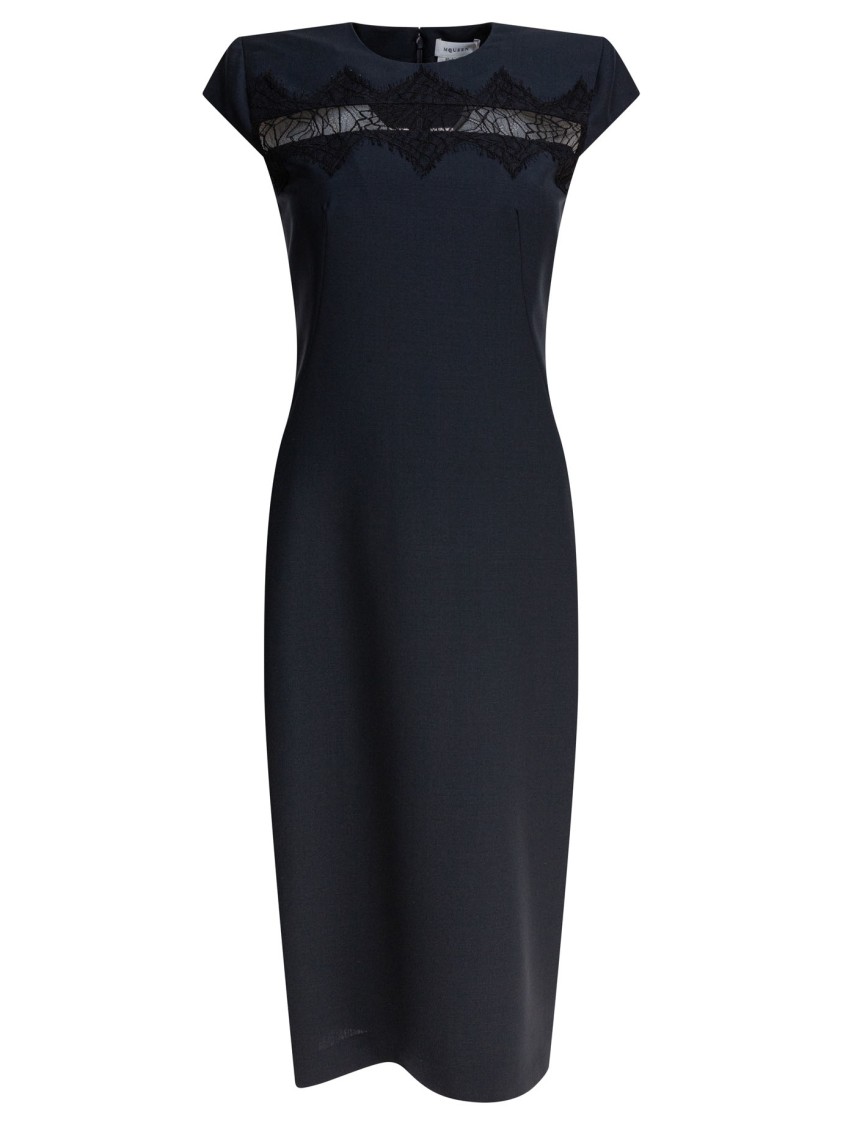 Alexander Mcqueen Tailored Pencil Midi Dress With Lace Inserts In Blue