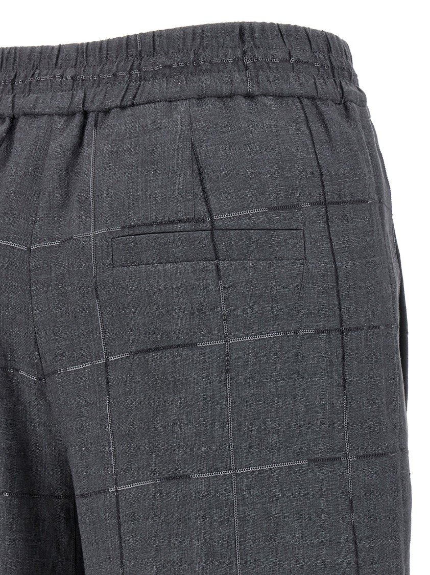 Brunello Cucinelli Check Linen Palazzo Trousers With Sequin Detail In Gray