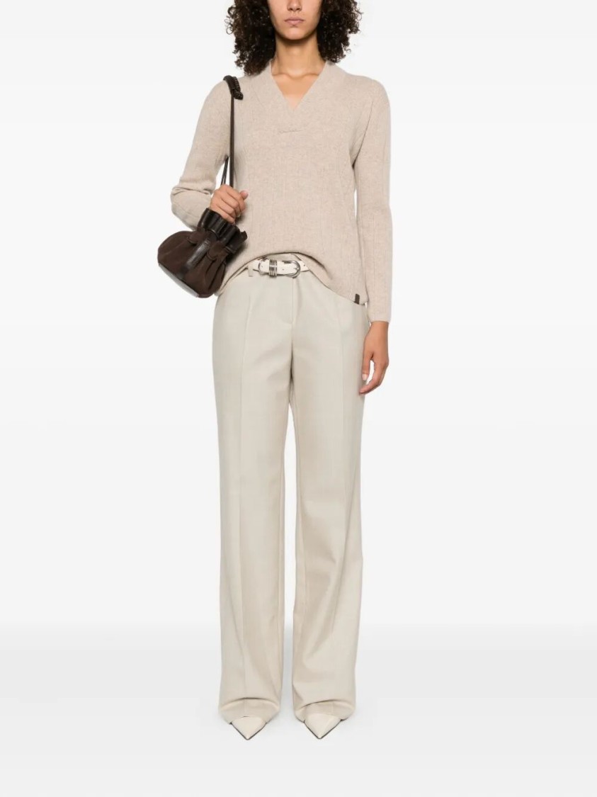 Max Mara Arten Ribbed V-neck Jumper In Neutral