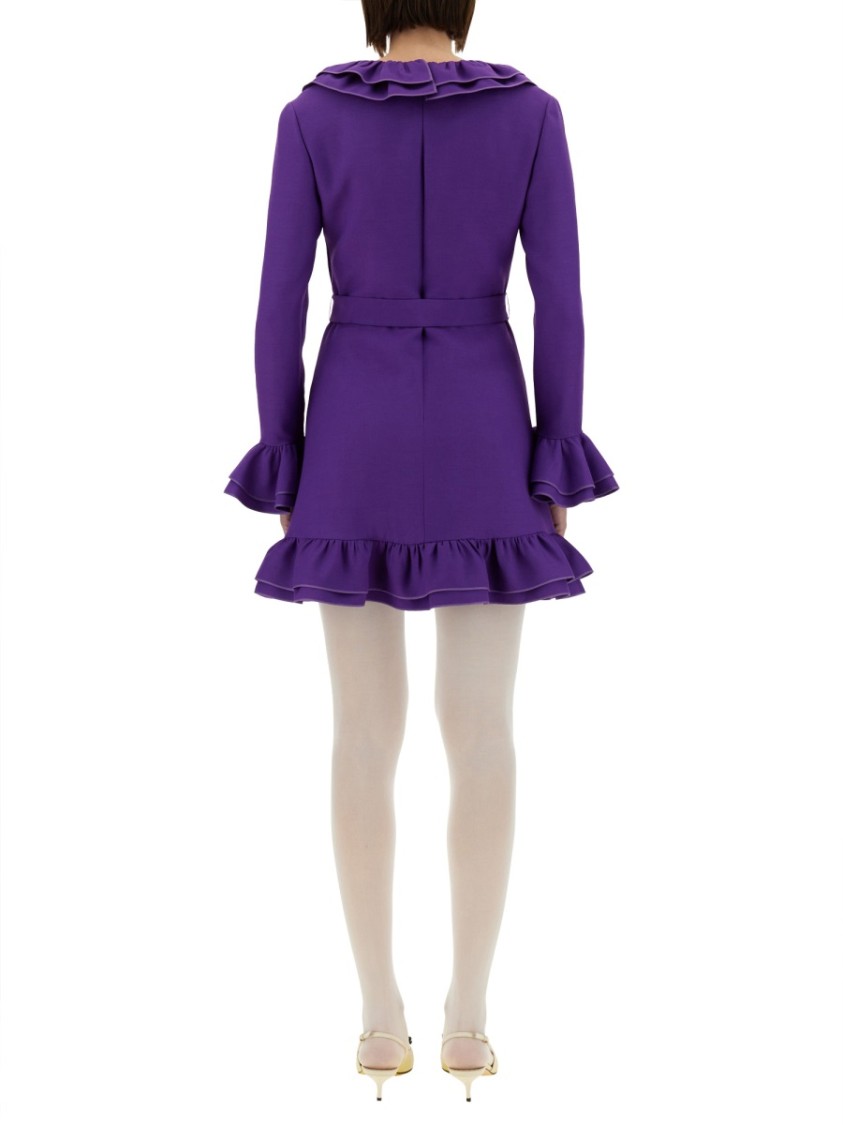 Valentino Garavani Purple Short Dress With V-neck And Ruffles In Virgin Wool And Silk Blend Woman