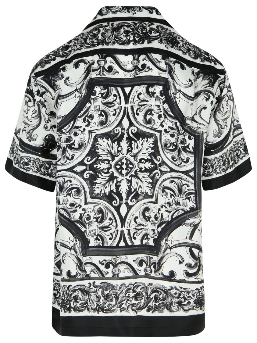 Dolce & Gabbana Maiolica Black And White Bowling Shirt With Cuban Collar And All-over Print In Silk Man