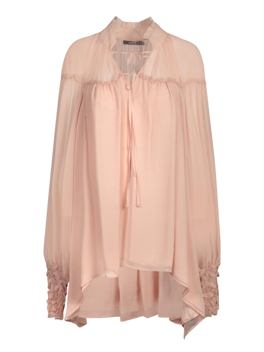 Shop Amen Blush Pink Silk Chiffon Blouse With Ruffles