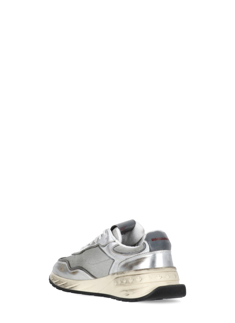 Dsquared2 Vintage-effect Silver Leather Mesh Sneakers In Grey