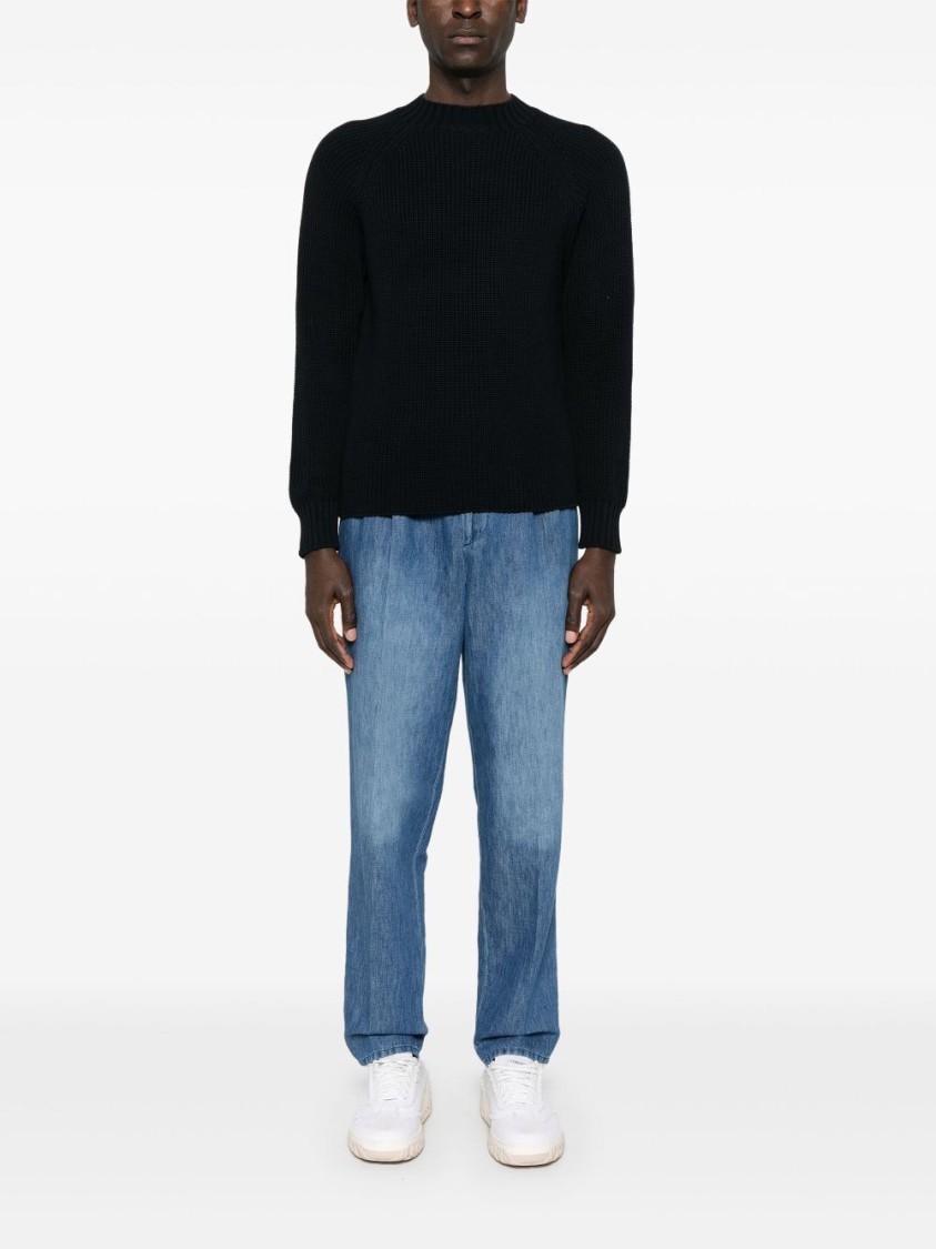 Drumohr Textured Knit Long Sleeve Crew-neck Sweater In Black