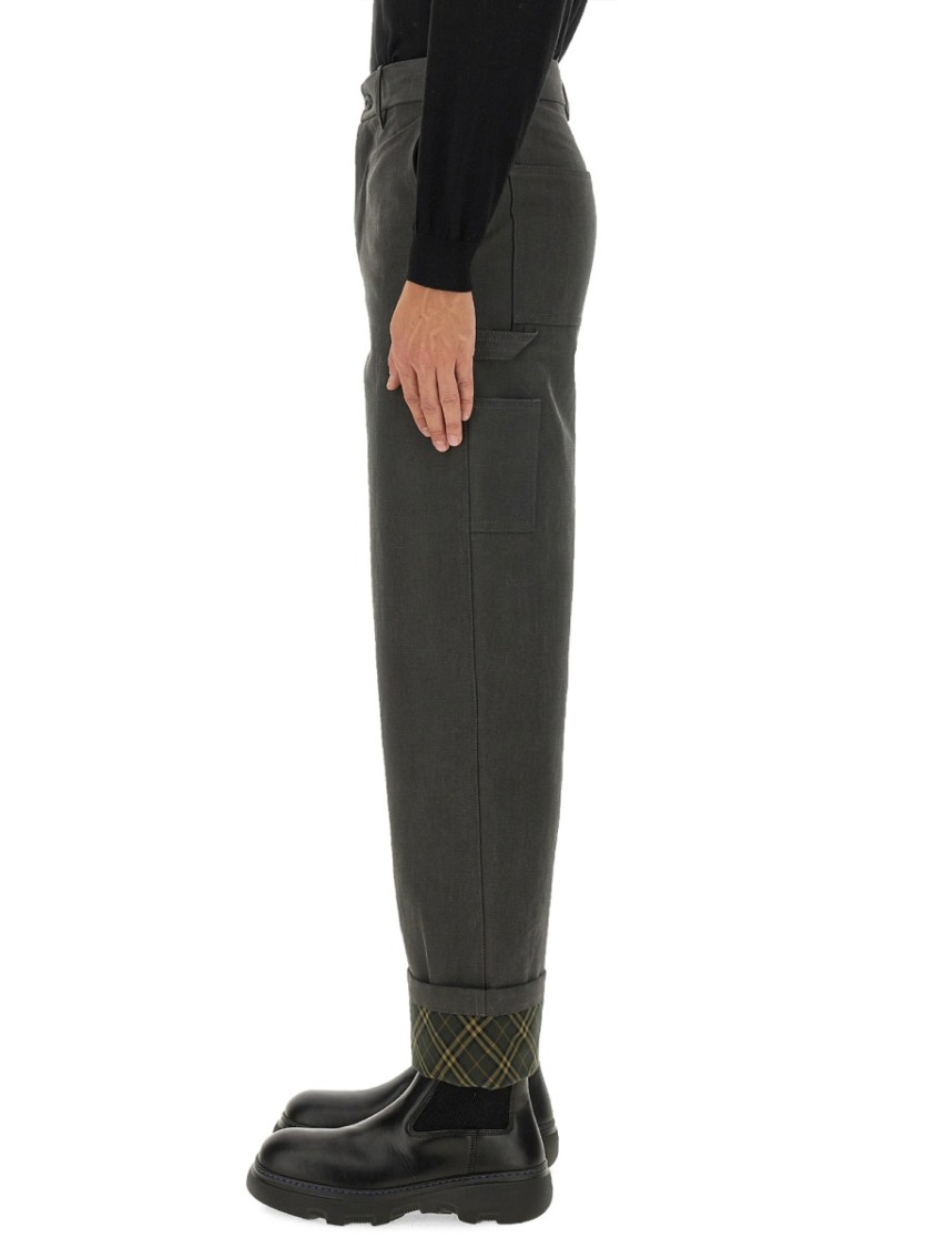 Burberry Black Pants With Logo Embroidery On The Side And Turn-up Checked Hem In Cotton Man In Black