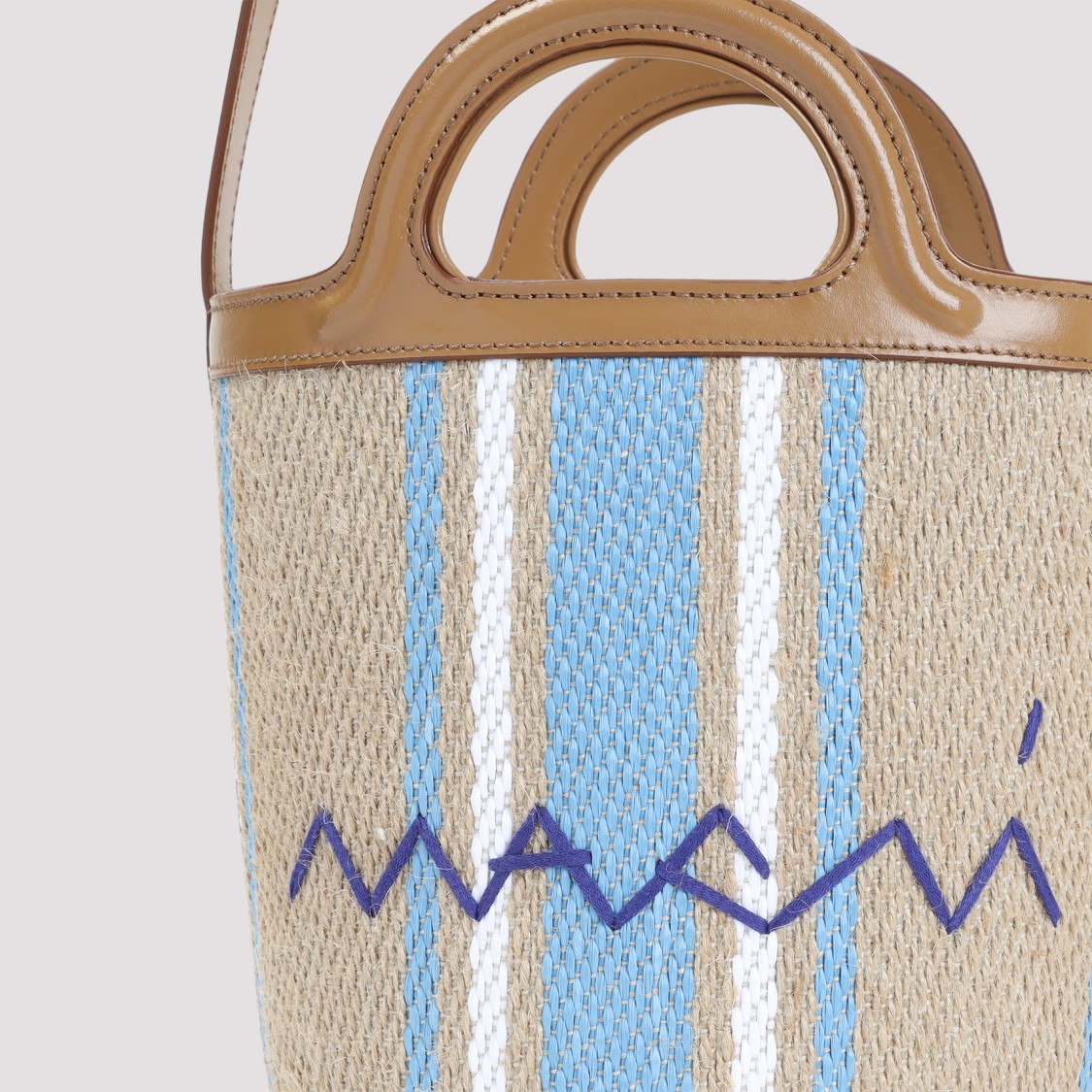 MARNI MARNI CIGAR BROWN JUTE TROPICALIA MINI BUCKET HANDBAG