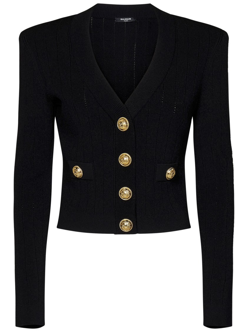 Balmain Black Ribbed Cardigan With Shoulder Pads And Logoed Metal Buttons In Black