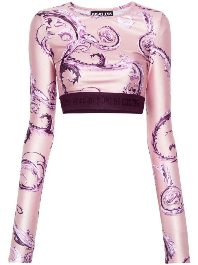 Shop Versace Jeans Couture Long Sleeve Cropped T-shirt With Glossy Finish In Pink