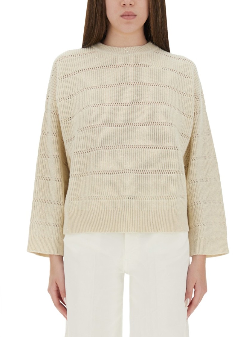 Brunello Cucinelli Mock-neck Paillette Horizontal Open-knit Sweater In White