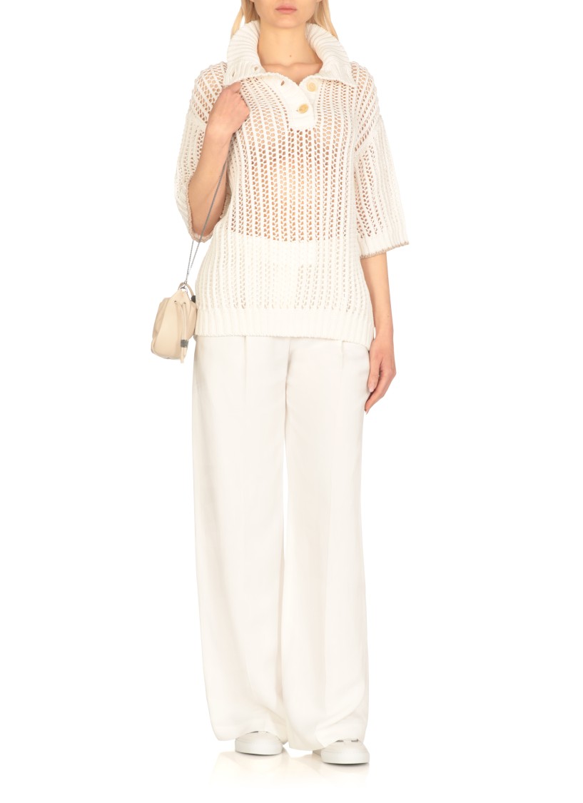 Brunello Cucinelli White High Neck Sweater With Perforated Design