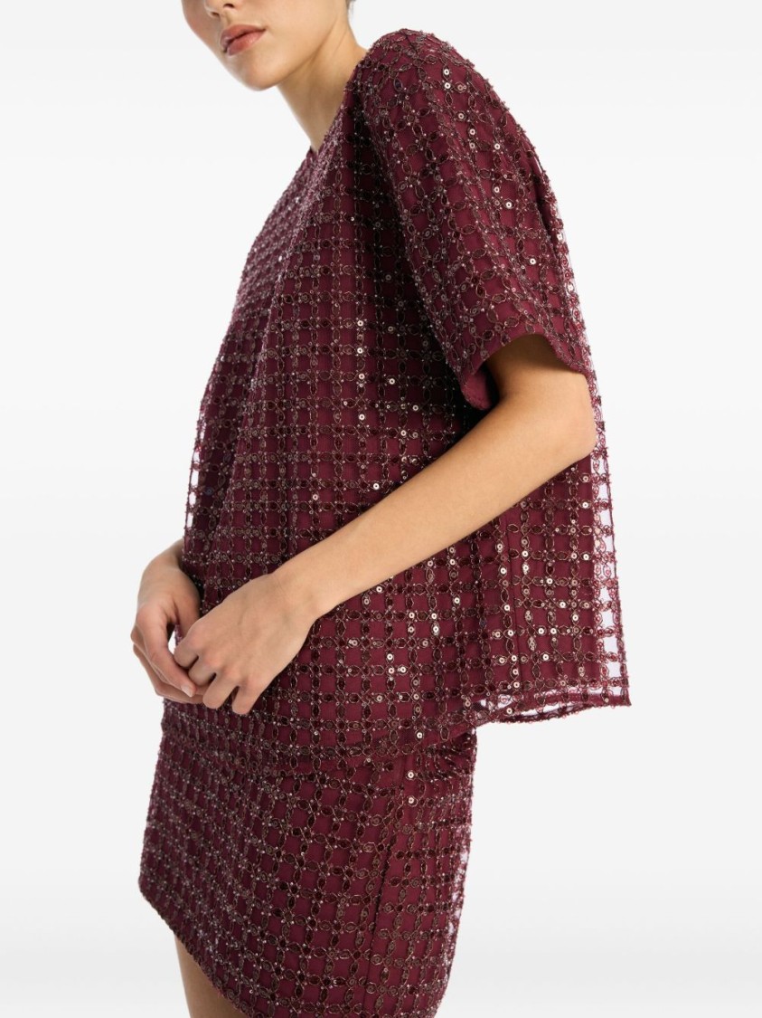Rotate Birger Christensen Mesh Midi Skirt With Floral Bead Embroidery In Burgundy