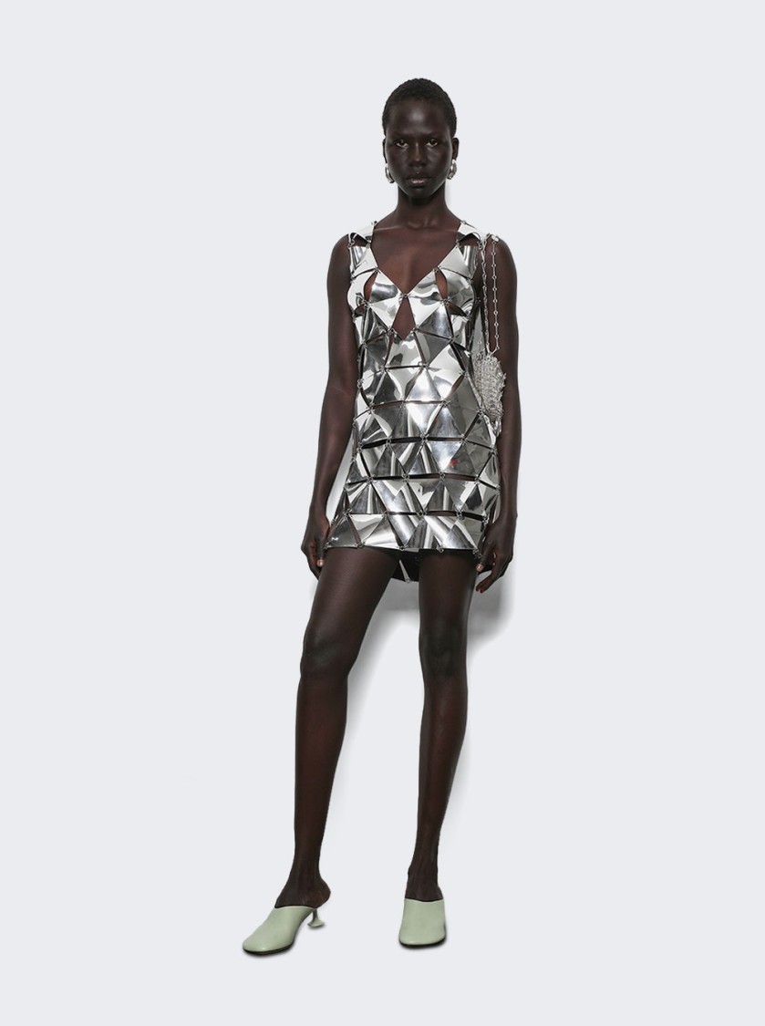 Rabanne Geometric Short Dress With Reflective Panels And Open Back In White
