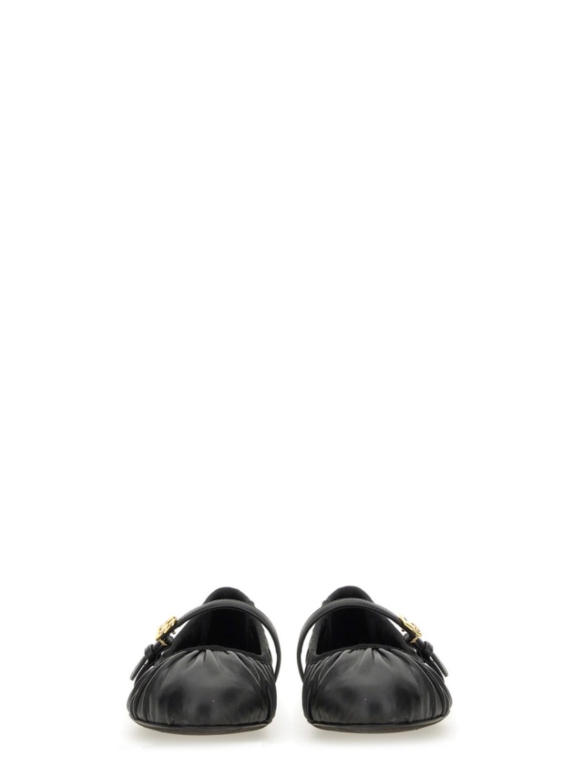 Dolce & Gabbana Black Ballerinas With Metallic Logo And Strap In Leather Woman In Black