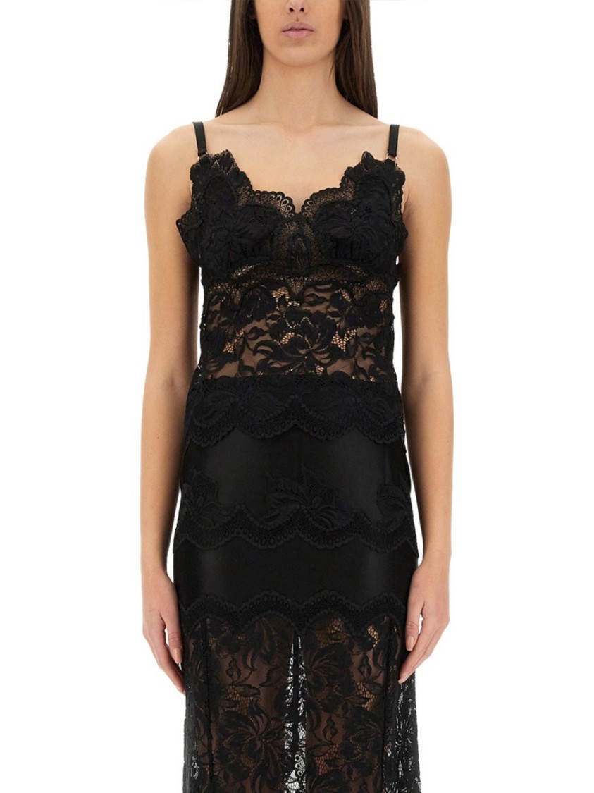 Rabanne Intricate Lace Top With Adjustable Spaghetti Straps In Black