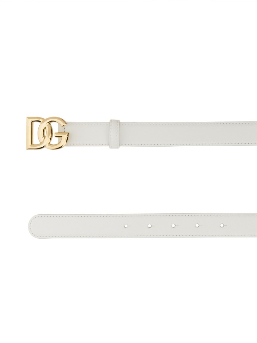 Dolce & Gabbana Calfskin Belt With Crossed Dg Logo In White