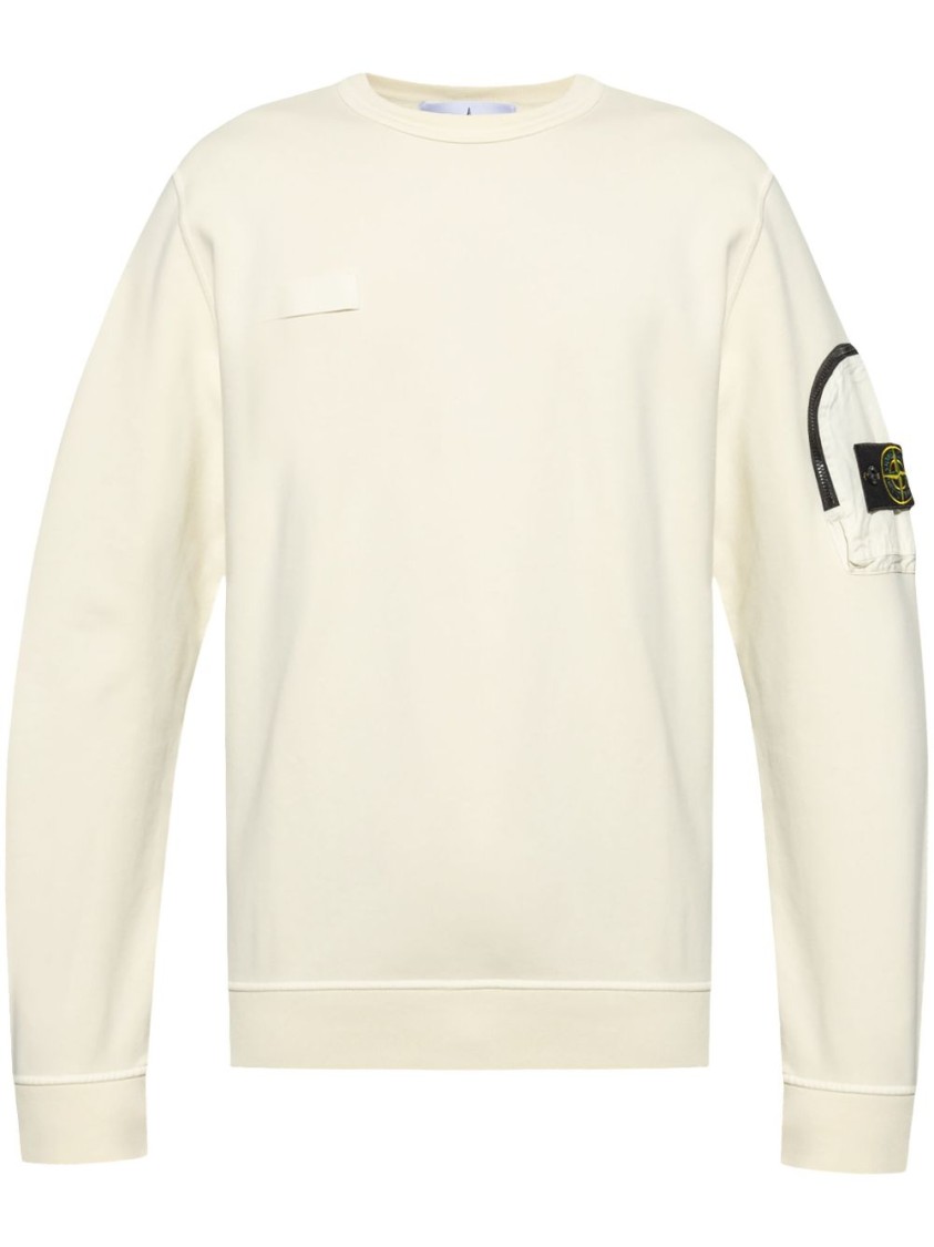 Stone Island Crew Neck Knit Sweatshirt With Functional Sleeve Pocket In Neutrals