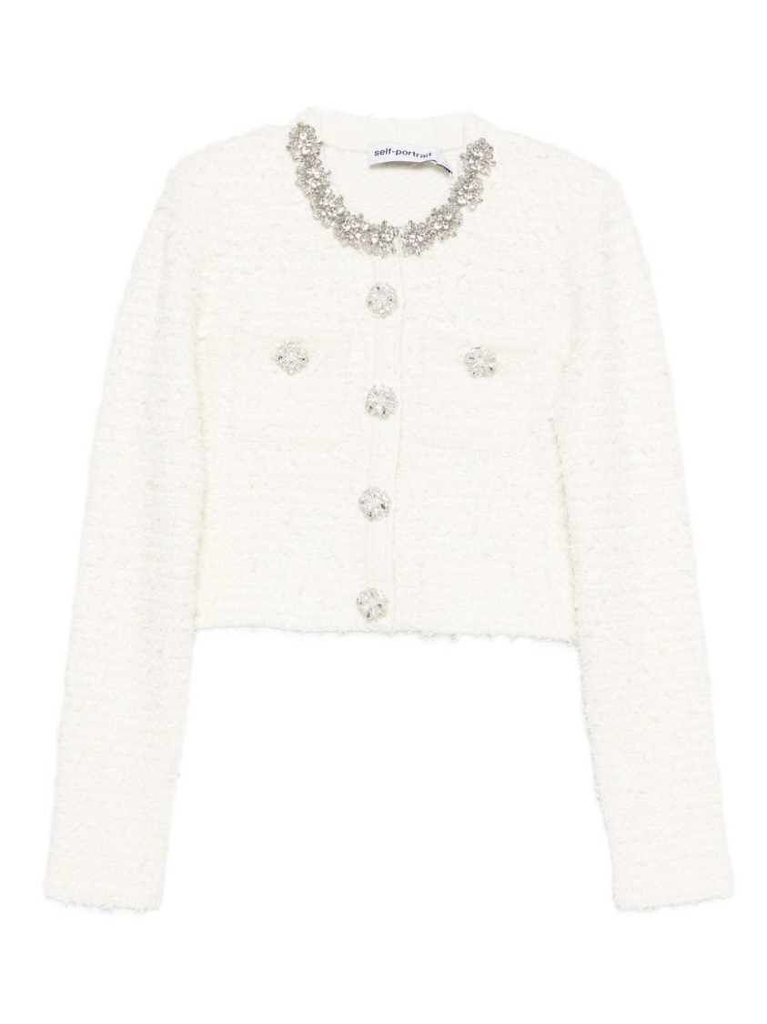 Self-portrait Cropped Sweater With Textured Boucle Knit And Crystal Embellishments In White