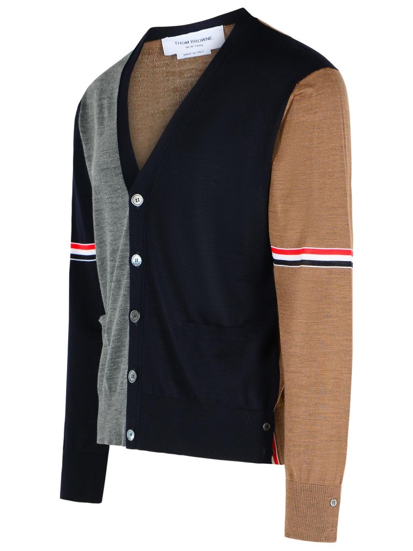 Thom Browne Navy/grey/brown Wool Cardigan In Black