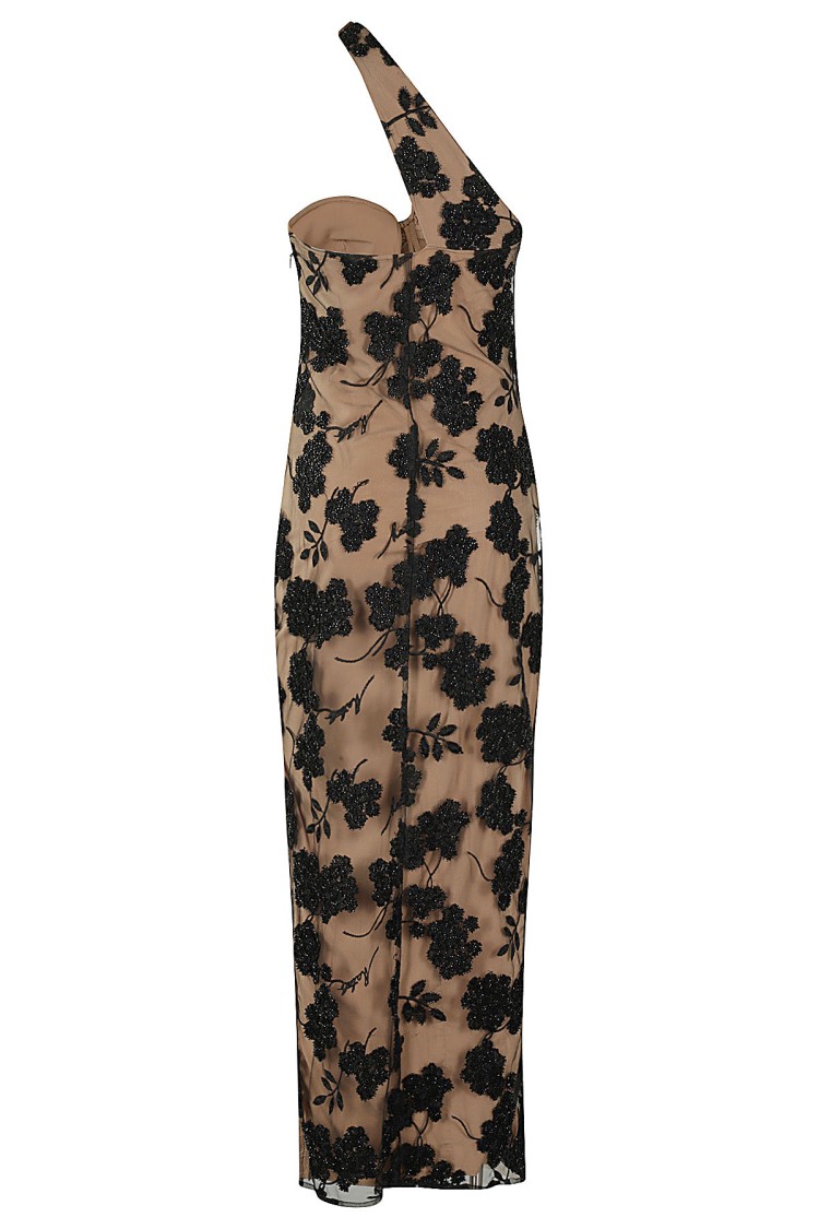 Rotate Birger Christensen Floral Bead Midi Dress In Beige And Black In Black