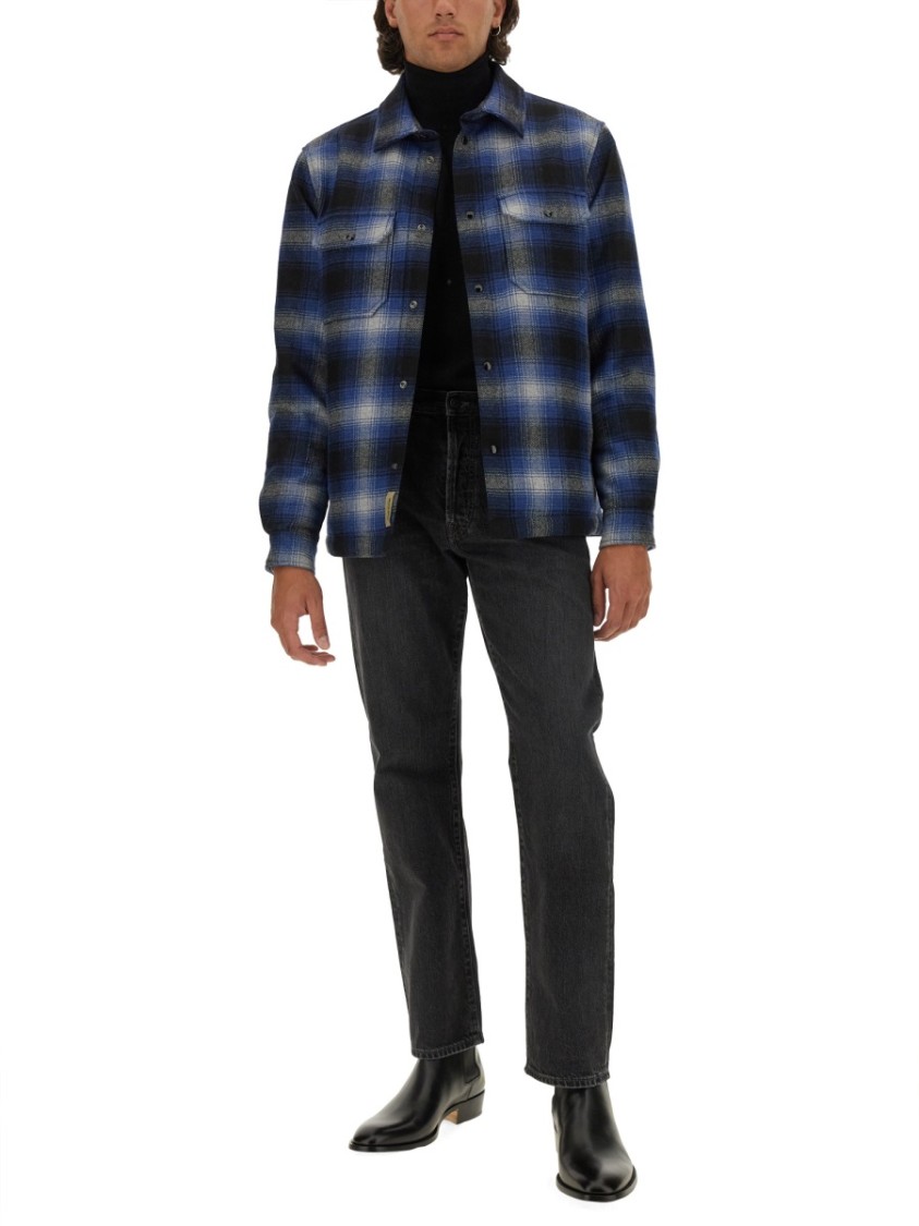 Woolrich Checked Italian Wool Blend Alaskan Padded Overshirt In Blue