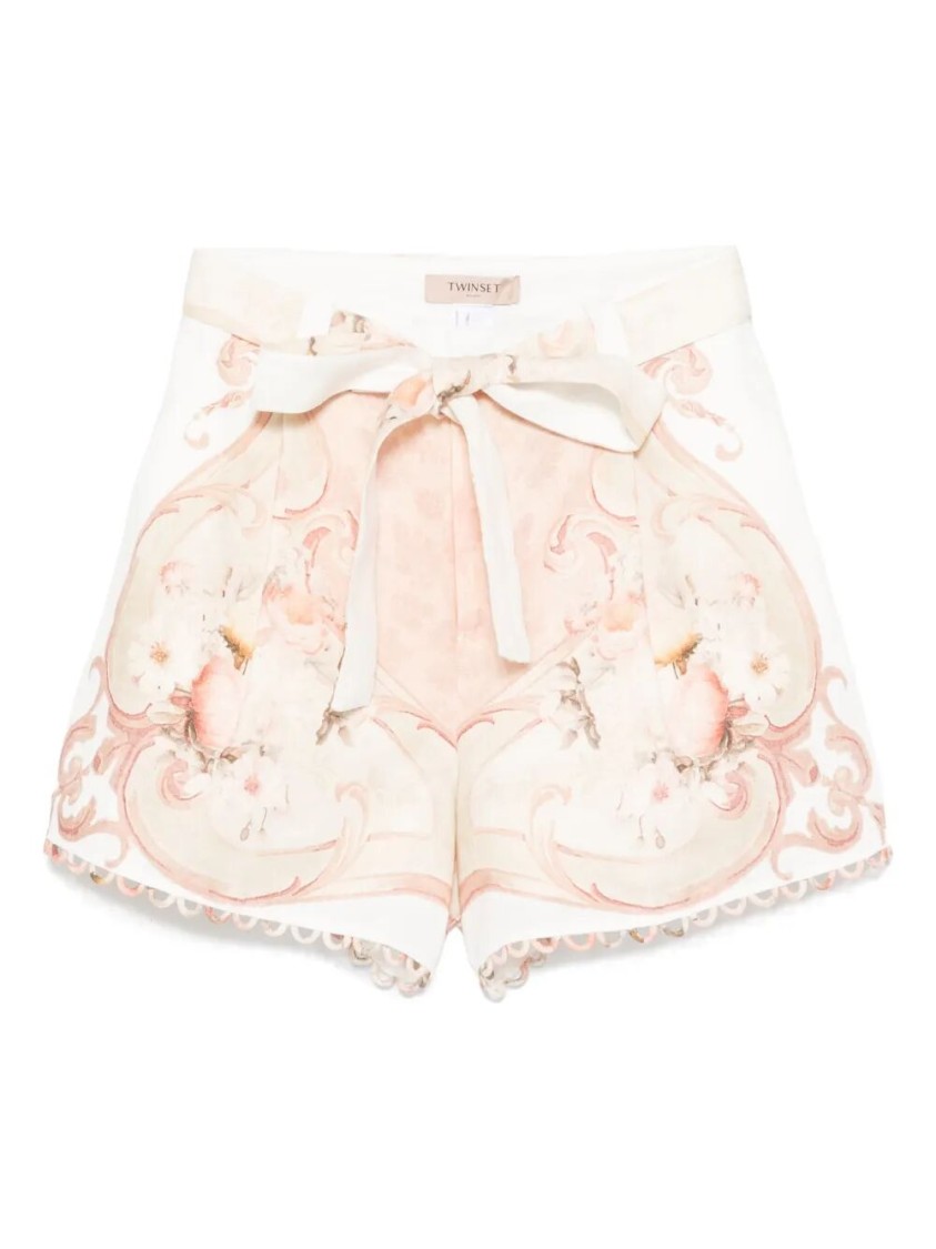 Twinset Twin-set High-waisted Floral Print Shorts With Scalloped Trim