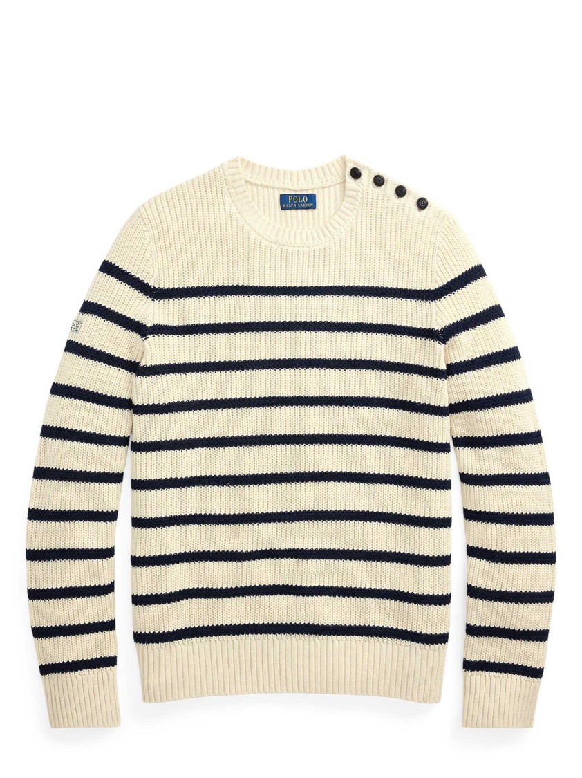 Shop Polo Ralph Lauren Cream Striped Crewneck Sweater With Shoulder Buttons