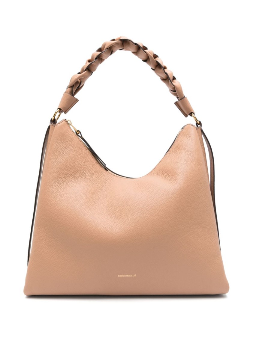 Coccinelle Medium Beige Leather Handbag With Woven Handle