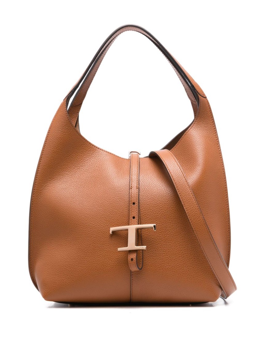 Tod's Brown Structured Pebbled Handbag With T-clasp And Detachable Pouch