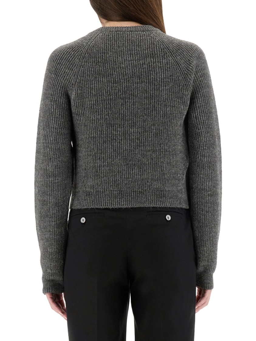 Moschino Ribbed Grey Cropped Sweater With Frayed Hem In Gray