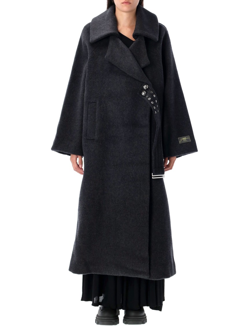 Ganni Double-face Wool Lace-up Coat In Black