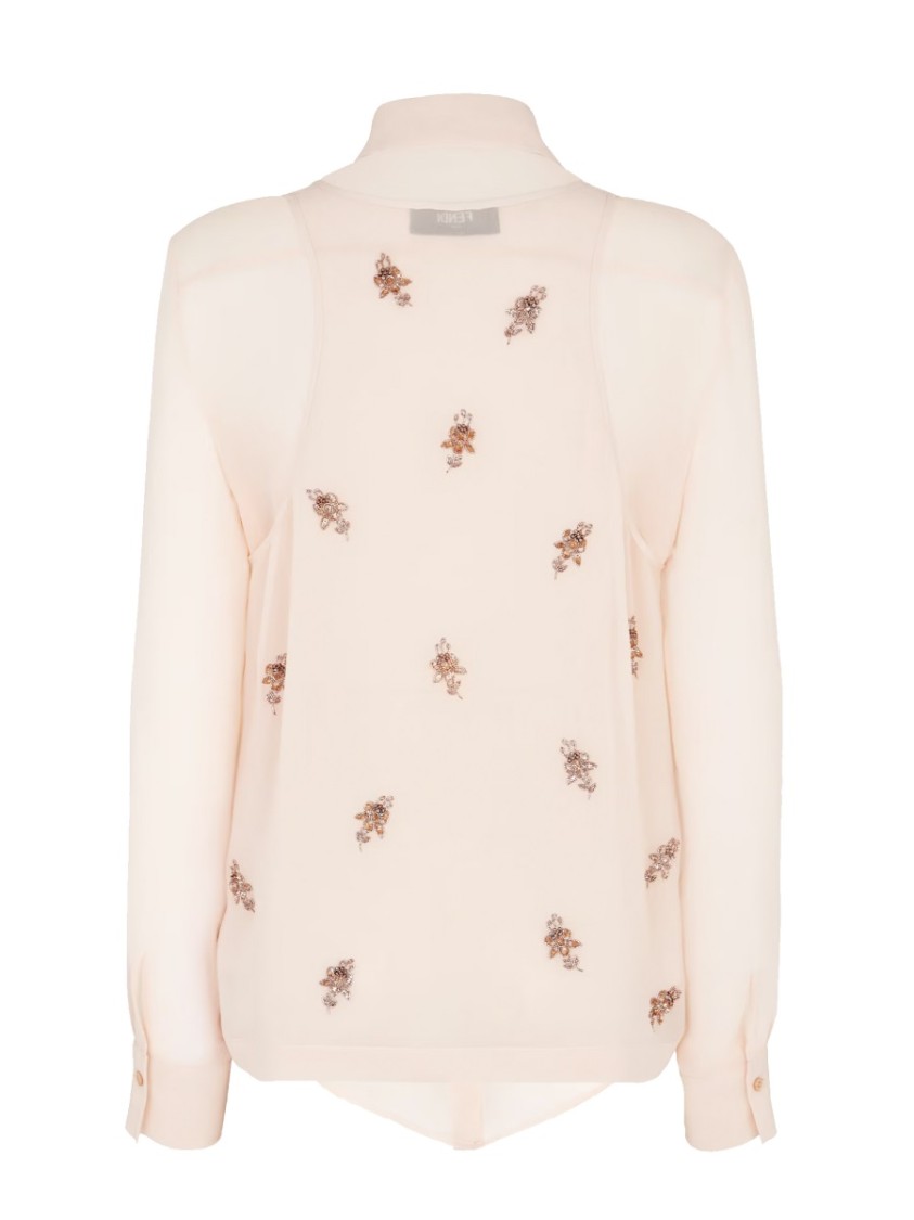 Fendi Georgette Top With Rhinestones And Sequins Embroidery In Neutral