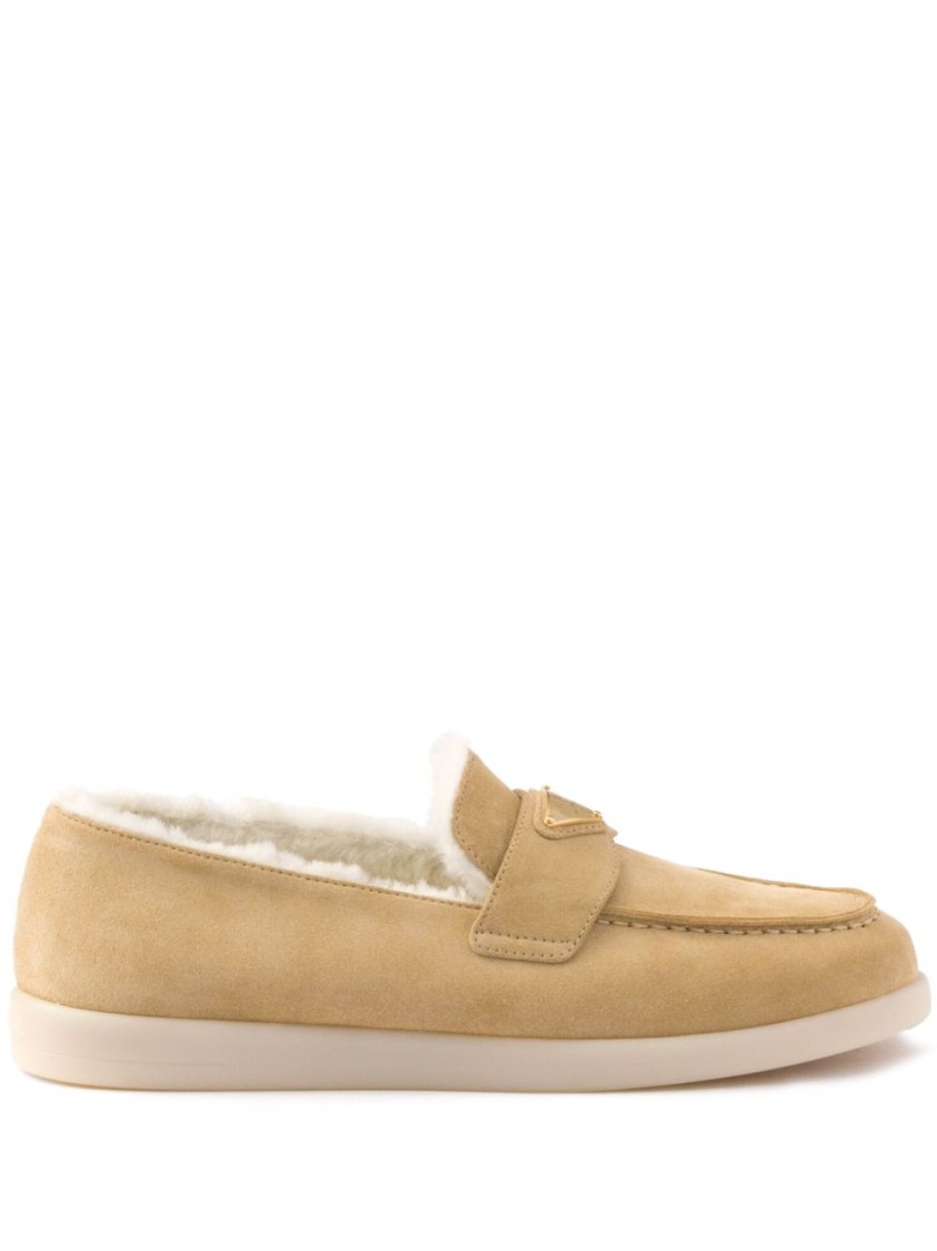 Prada Shearling-lined Suede Loafers With Enamel Triangle Detail In Neutral