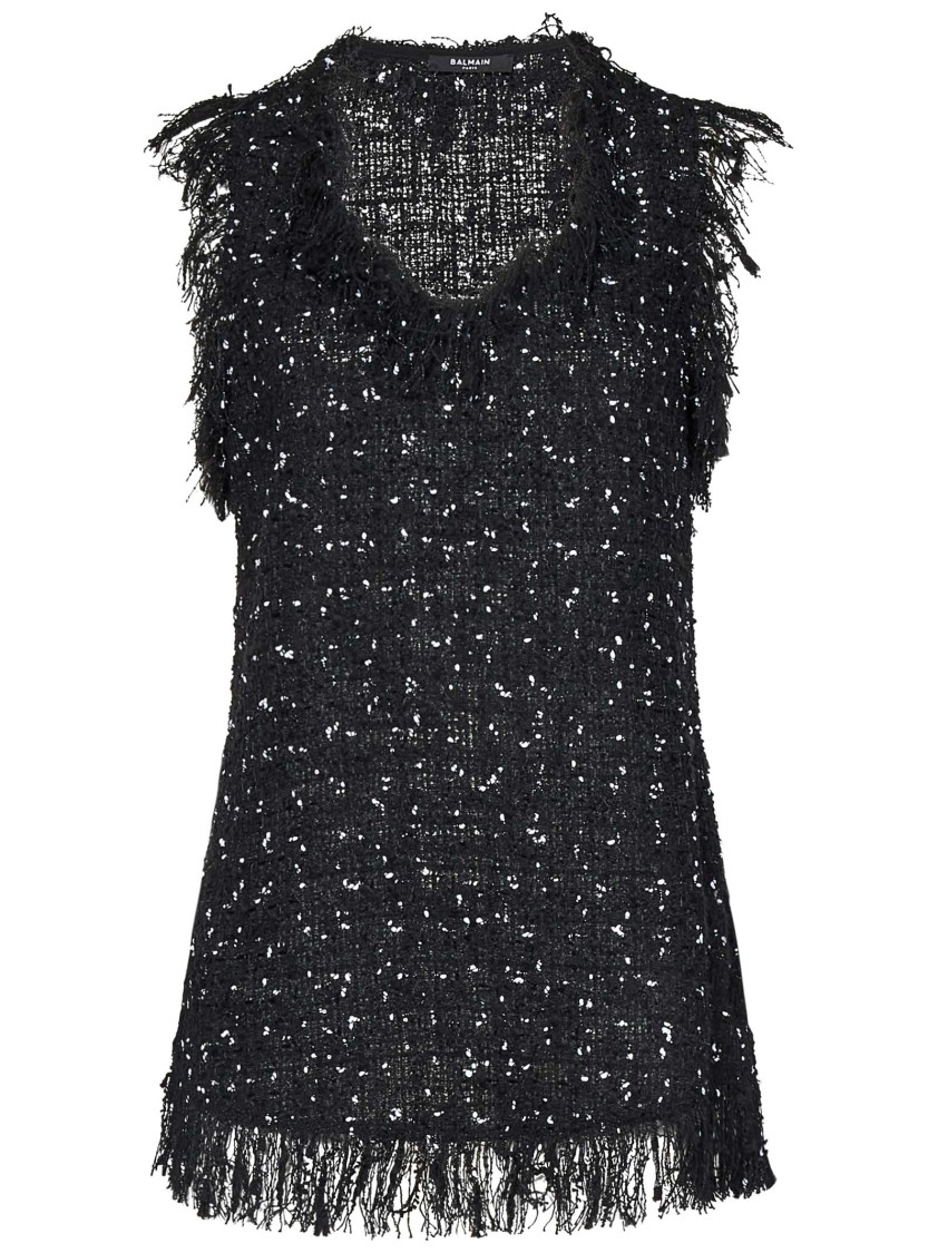 Balmain Embroidered Polka Dot Tweed Sleeveless Top With Fringes In Black