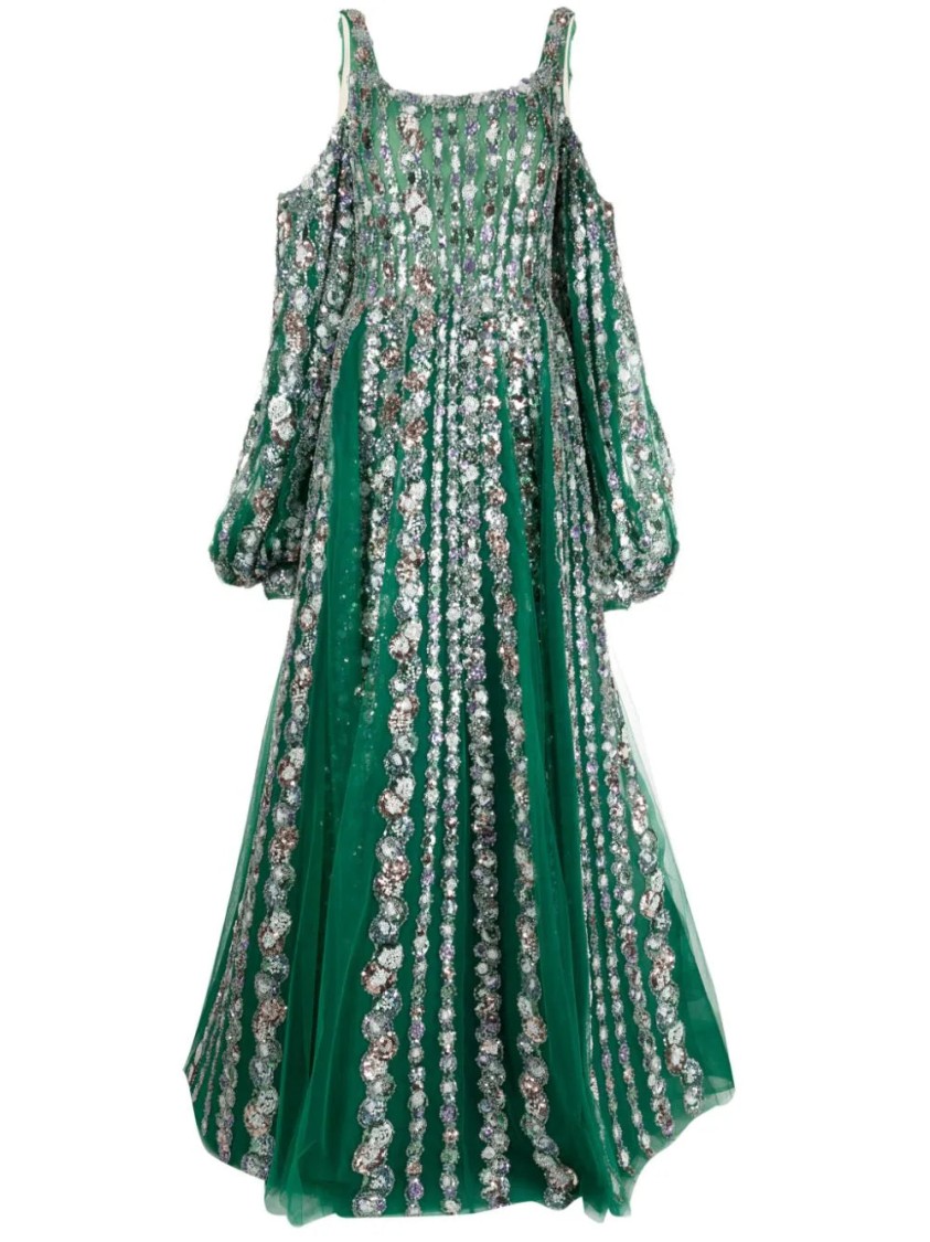 Saiid Kobeisy Off-shoulder Beaded Dress With Shoulder Straps In Green