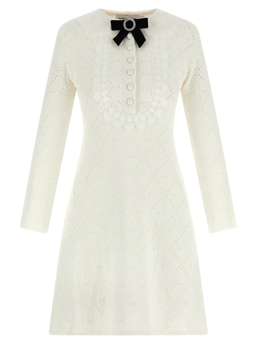 Self-portrait A-line Mini Dress With Velvet Bow In White