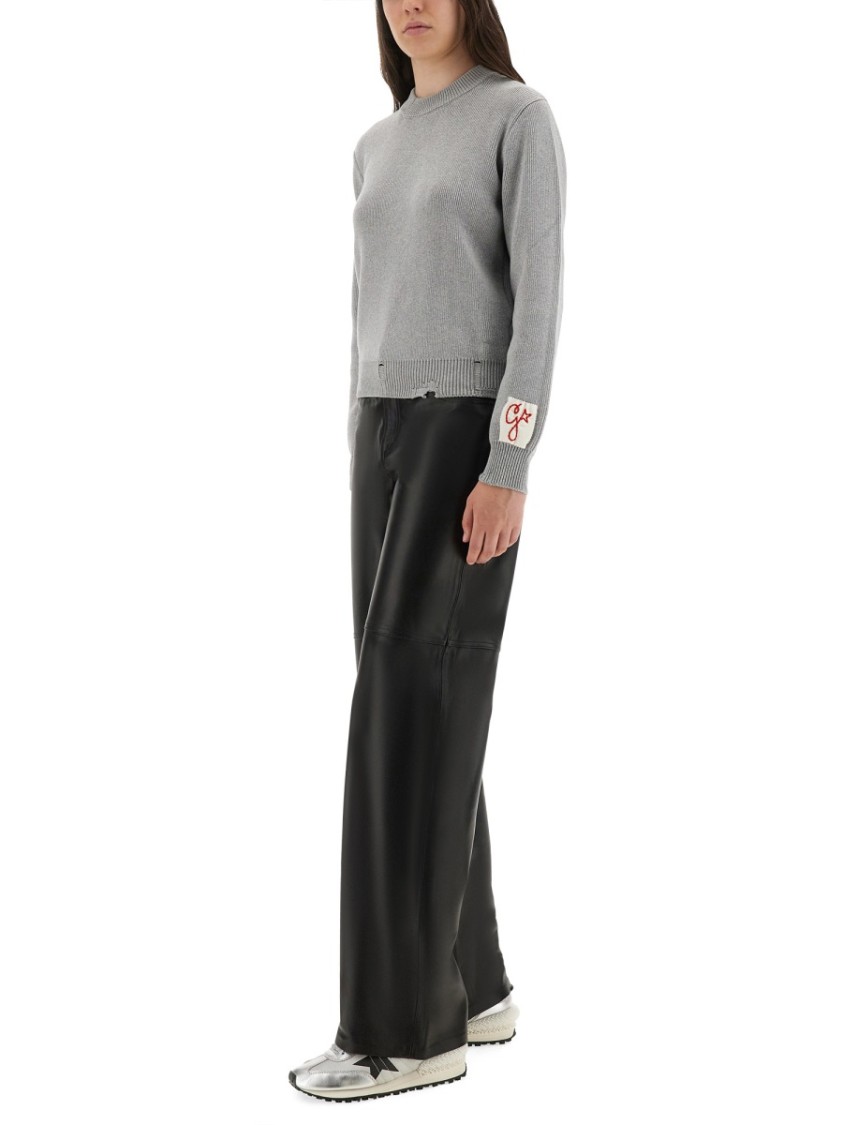 Golden Goose Ribbed Cotton Jersey Sweater With Logo Patch In Gray