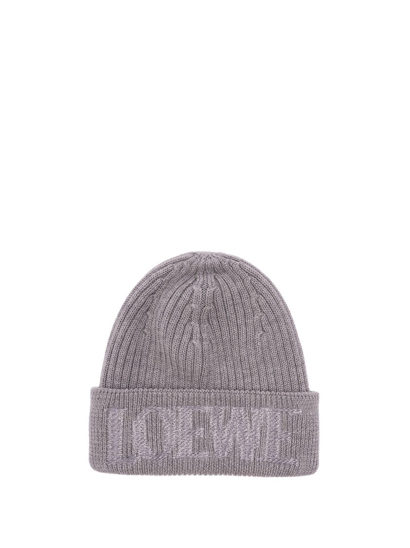 Loewe Ribbed Wool Beanie With Folded Cuff In Gray