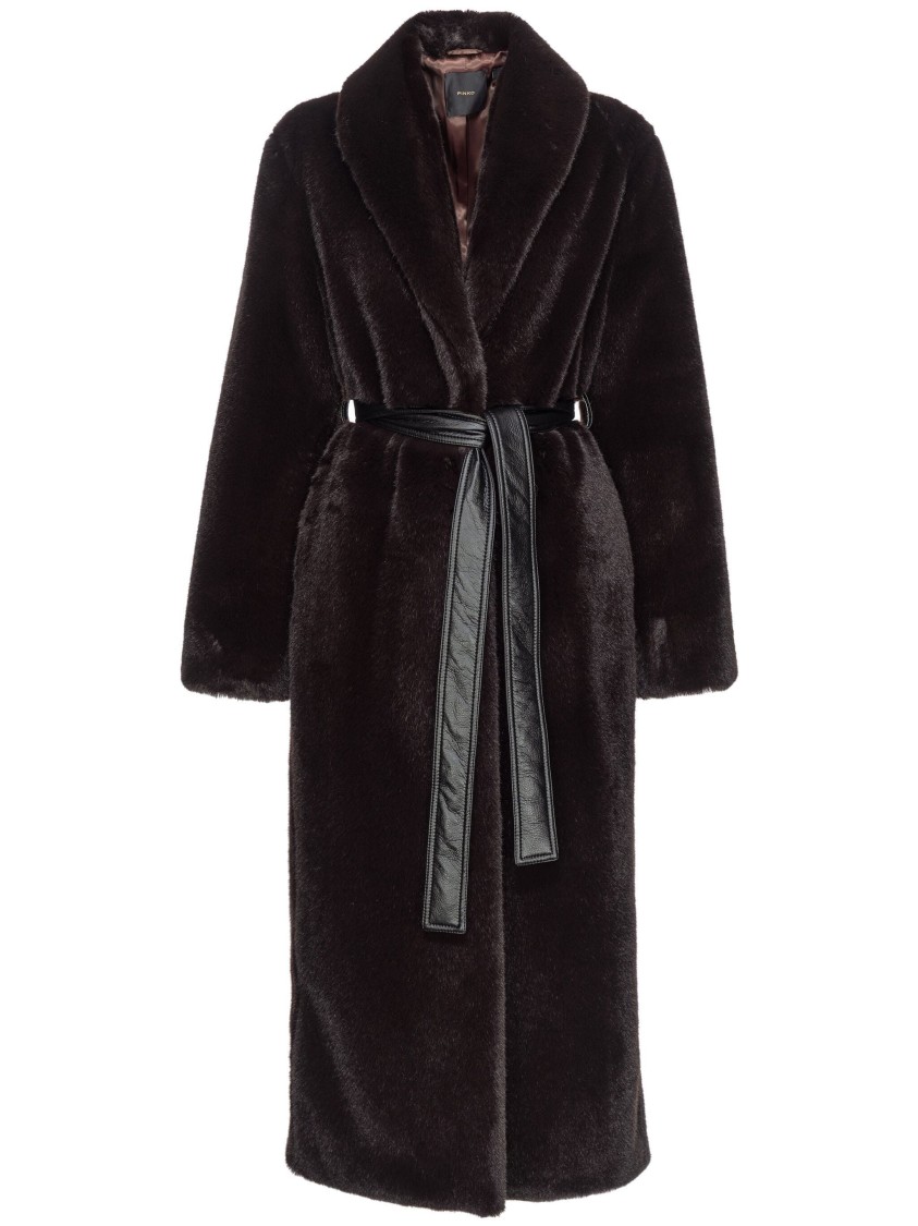 Pinko Brown Coat With Shawl Revers And Belt In Ecofur Woman In Black