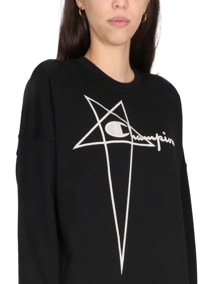 Champion X Rick Owens Oversized Black Sweatshirt With Logo Embossing In Black