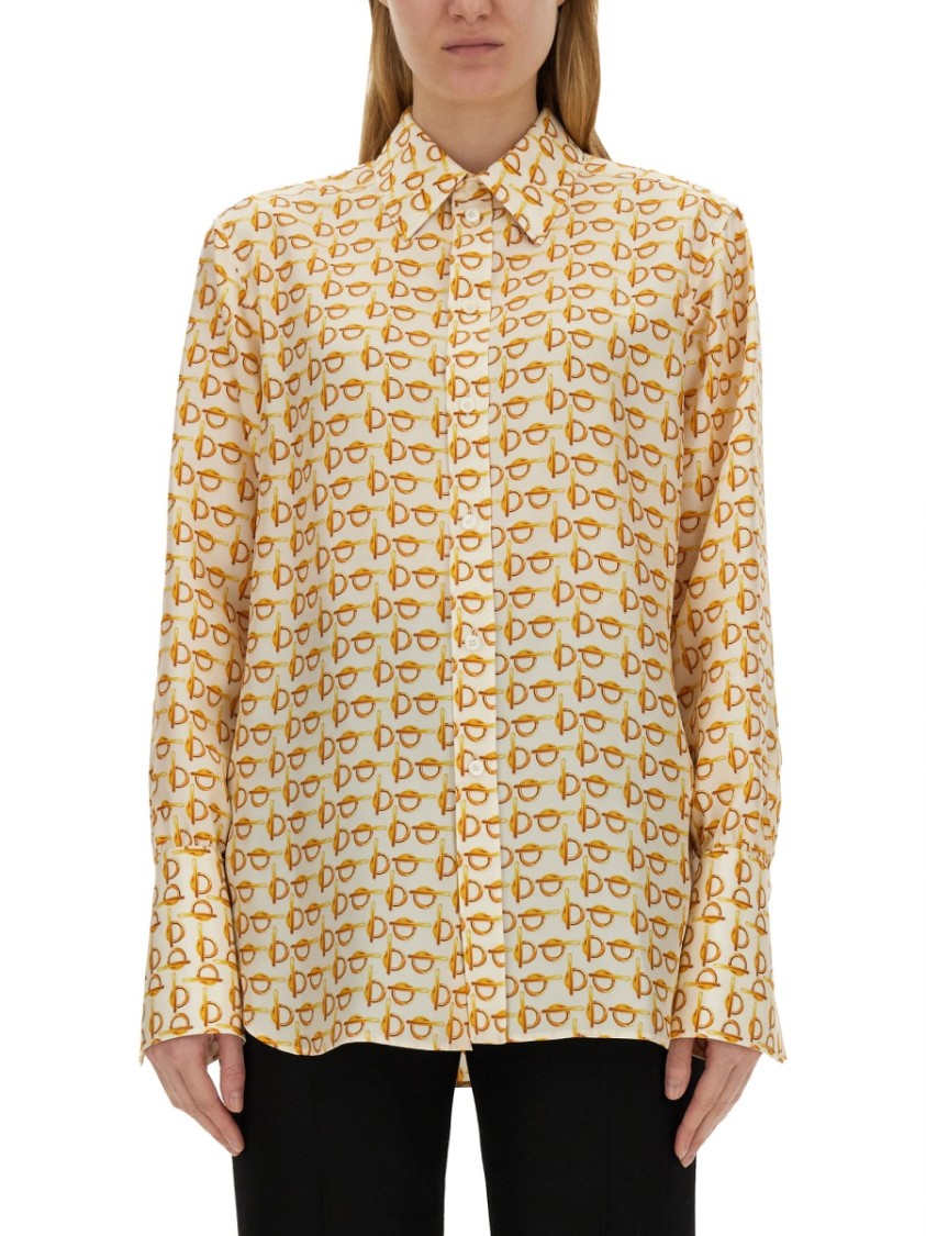 Burberry B-closure Print Silk Poplin Shirt In Brown