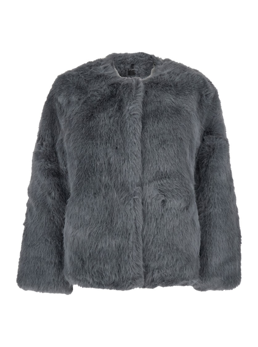 Plain Fake Fox Fur Jacket In Gray