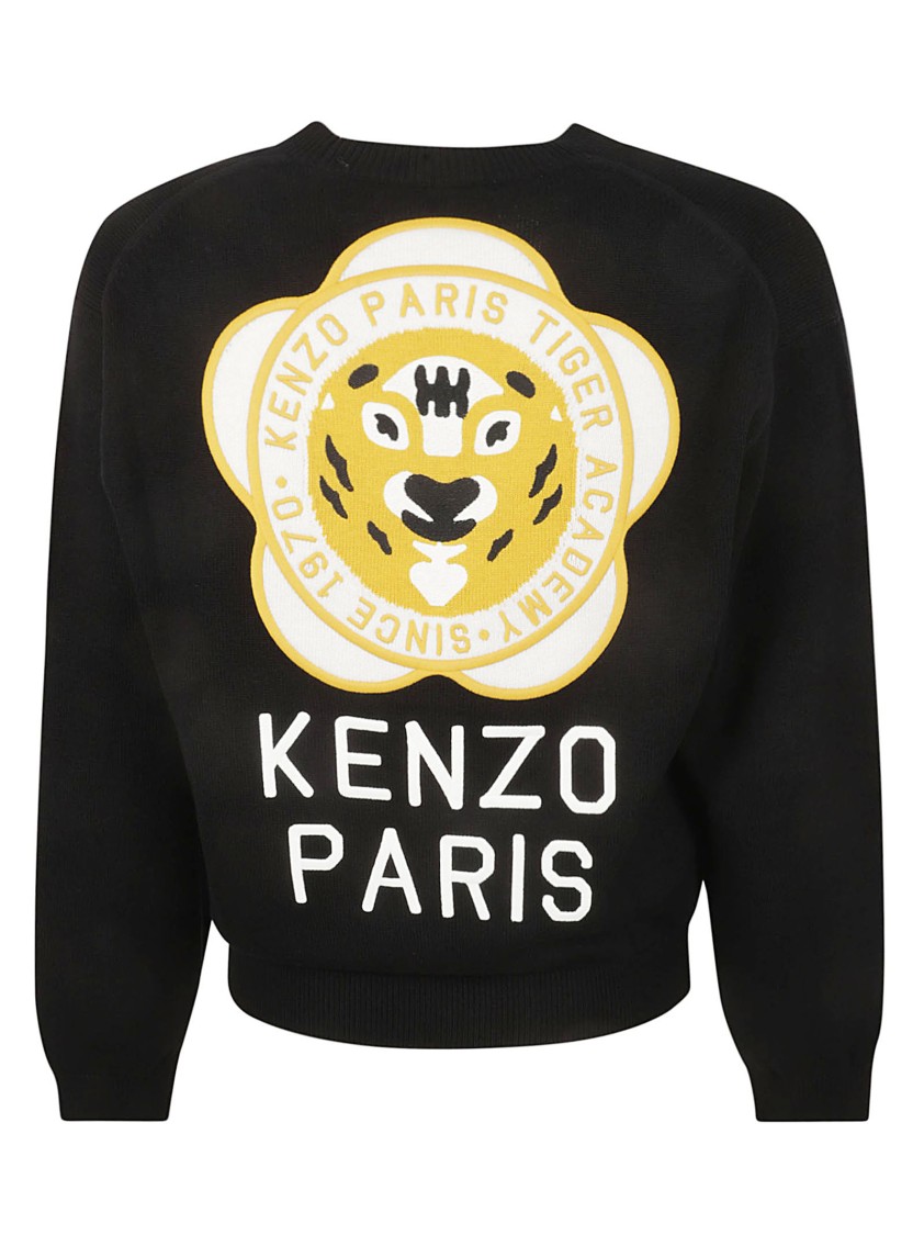 Kenzo Relaxed-fit Black Sweater With Tiger Graphic In Black