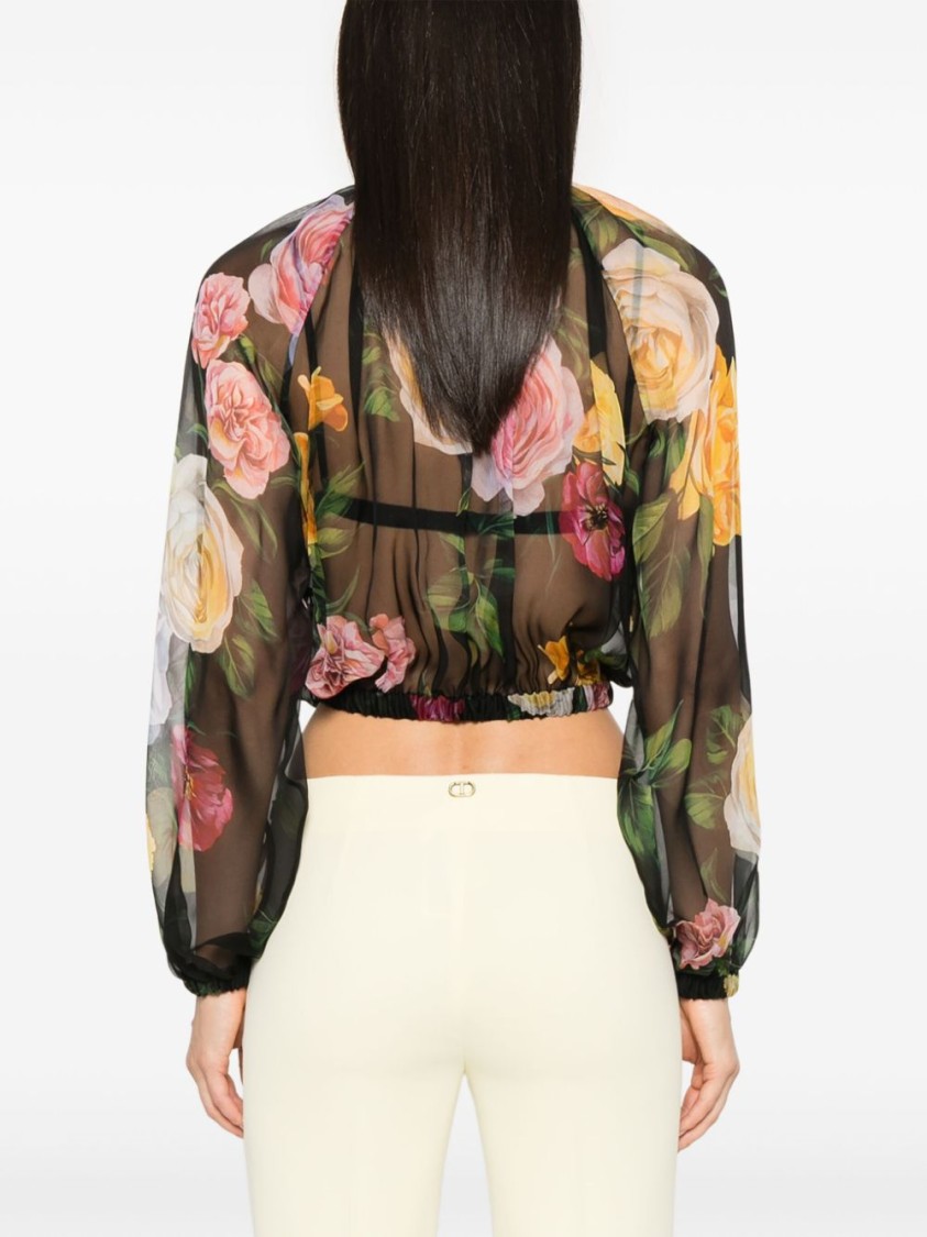 Dolce & Gabbana Rose Tie-neck Chiffon Cropped Blouse In Black