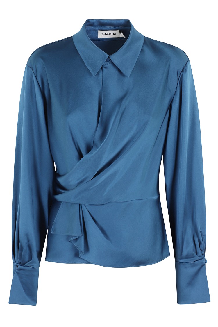 Simkhai Satin-finish Long-sleeve Blouse With Draped Front In Blue