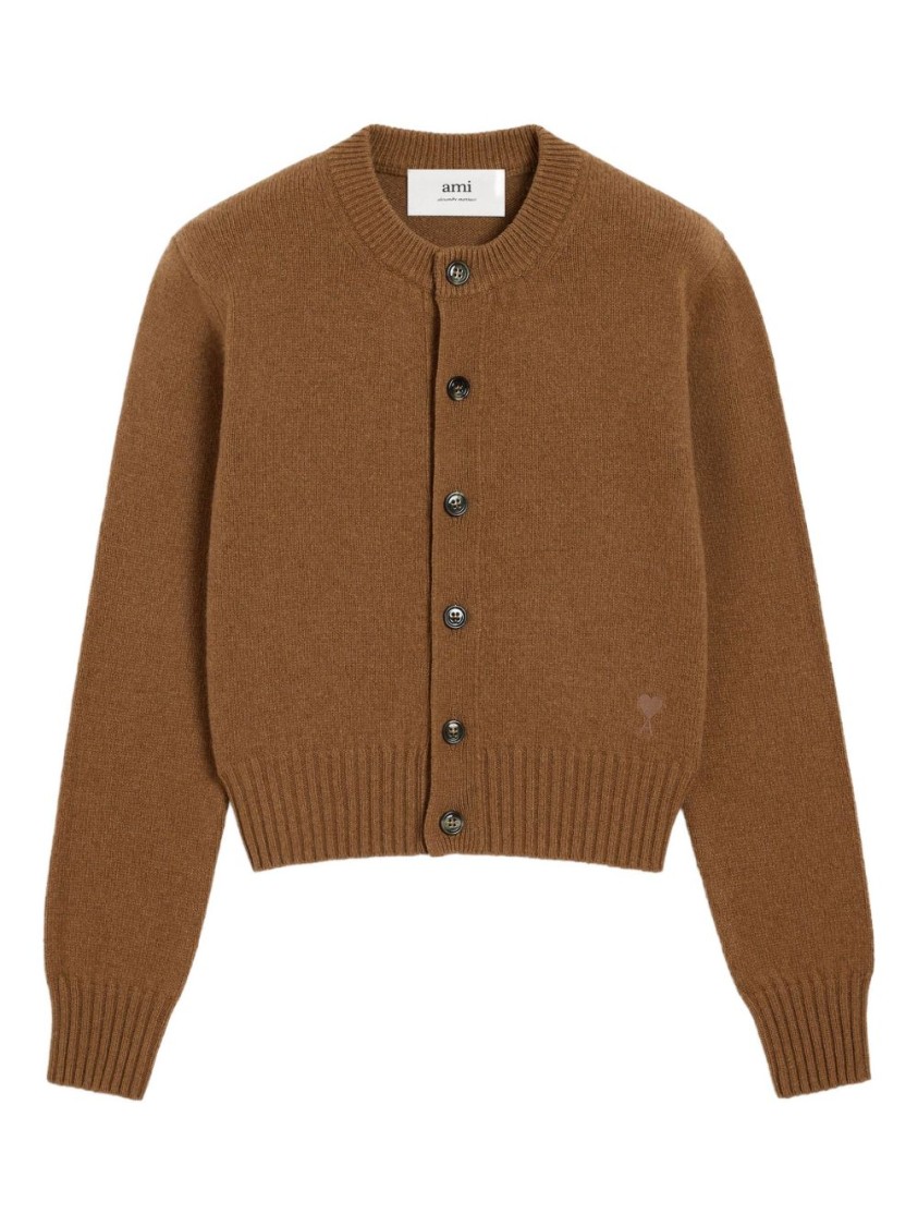 Ami Alexandre Mattiussi Ami Cropped Brown Wool Cardigan With Crew Neck And Ami De Coeur Embroidery In Brown