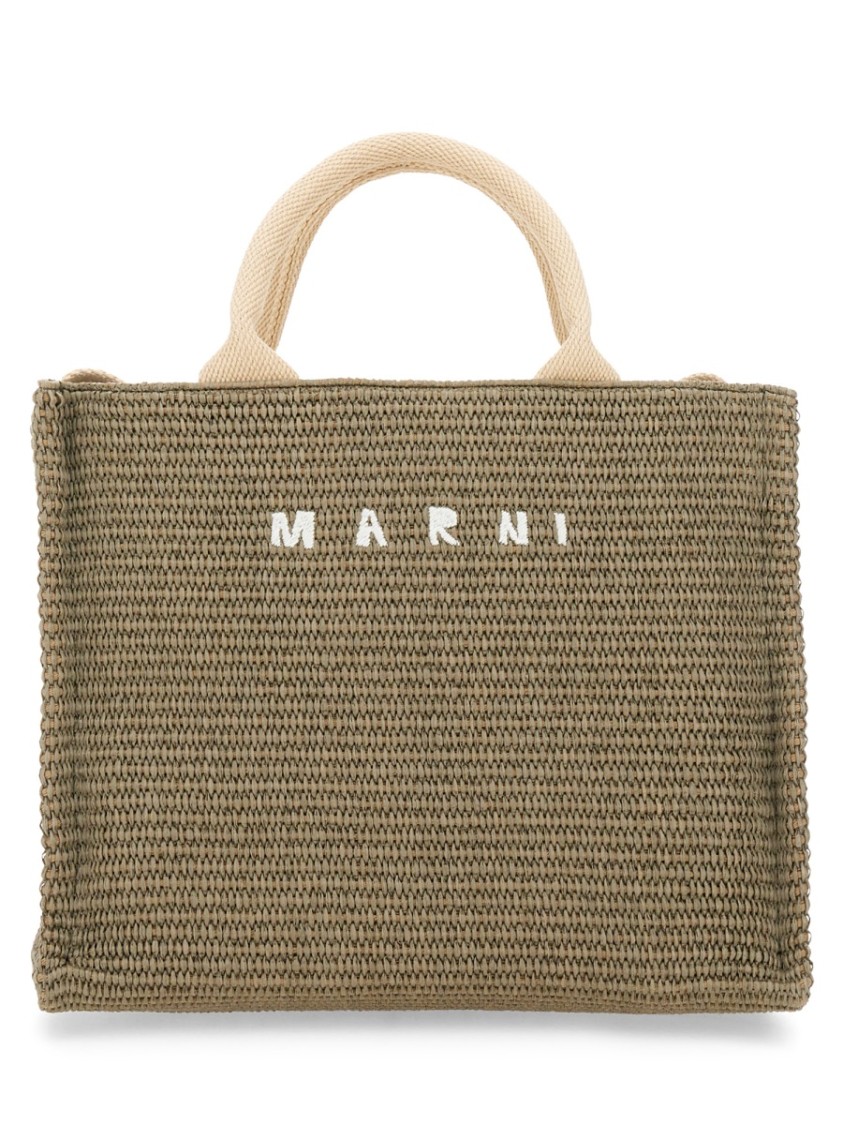 Shop Marni Raffia Effect Fabric Small Tote Bag In Green