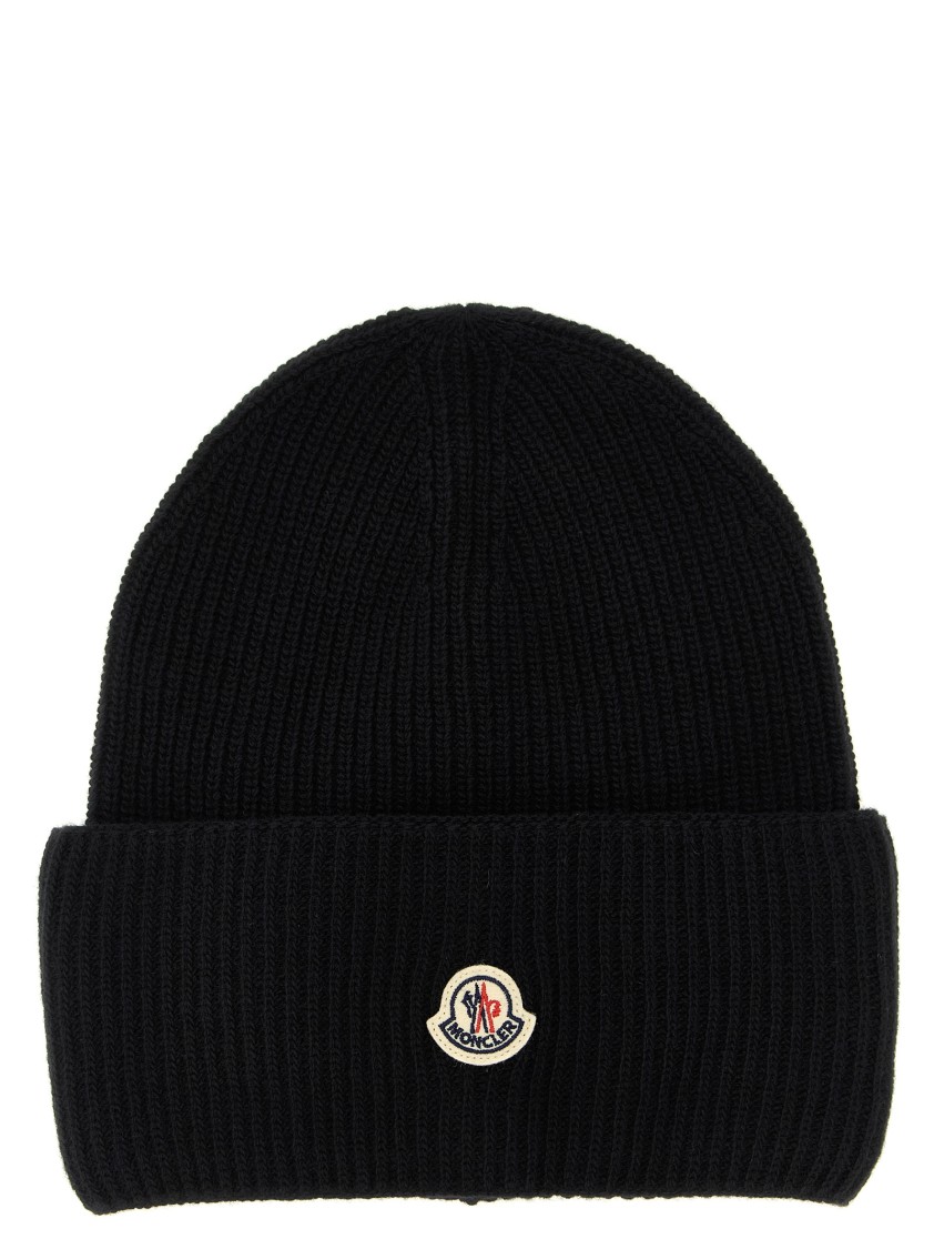 Moncler Ribbed Knit Carded Wool Beanie With Felt Logo Patch In Black
