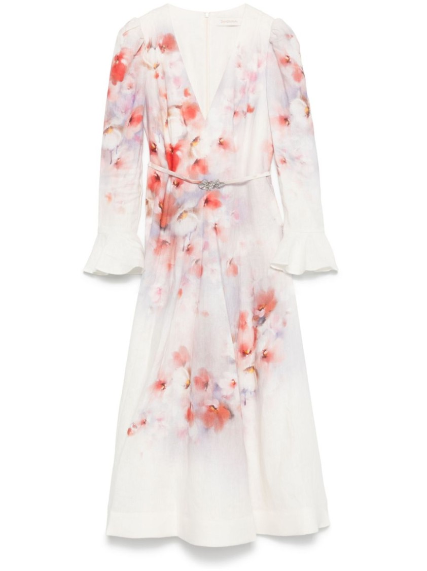 Shop Zimmermann Midi Dress With Deep V-neckline And Flared Cuffs In Neutrals