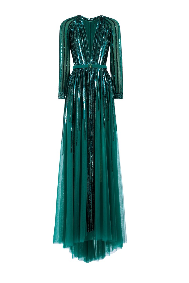 Saiid Kobeisy Sequin Long Sleeved Gown In Green